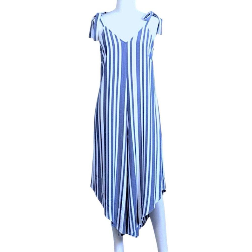 Everlily Women's Jumpsuit Size S White Blue Stripe Wide Leg Linen Blend Travel - Picture 2 of 10